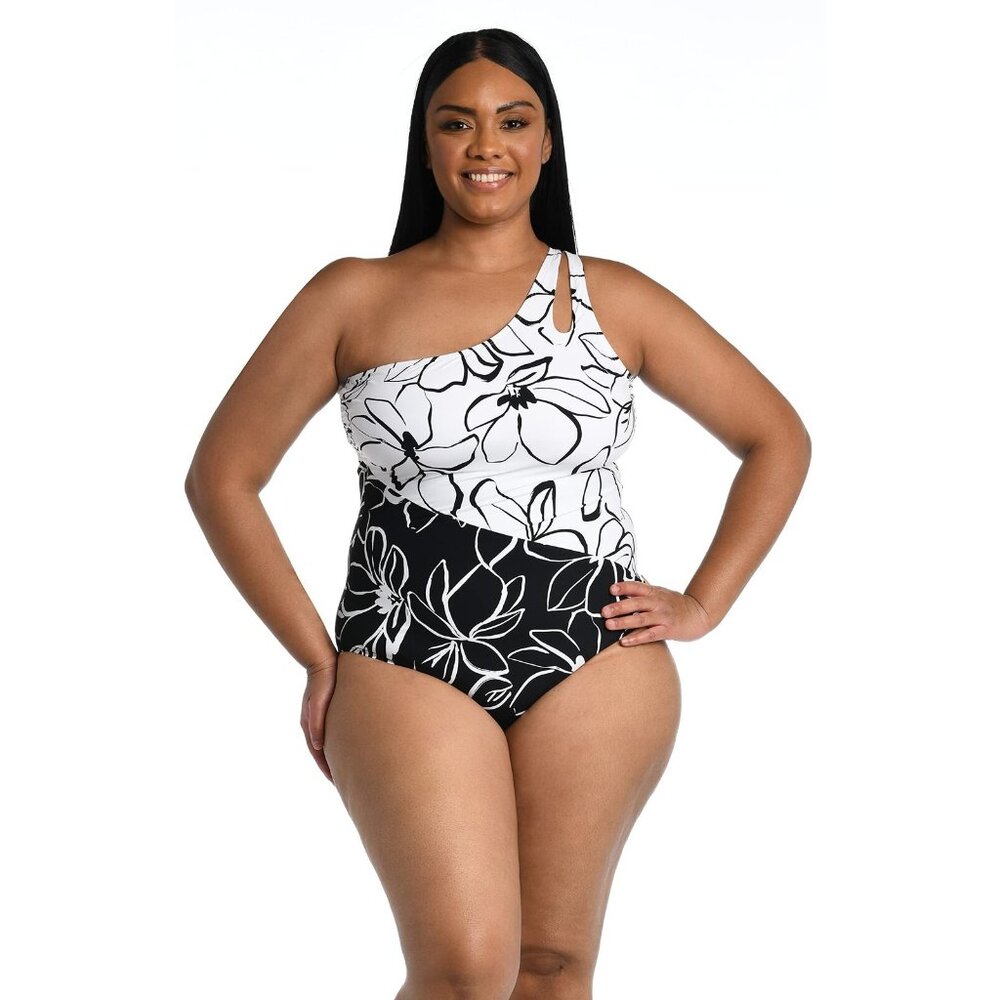 La Blanca Womens Shoulder Cut Out One Piece Swimsuit Black Moonlit Silhouette 18